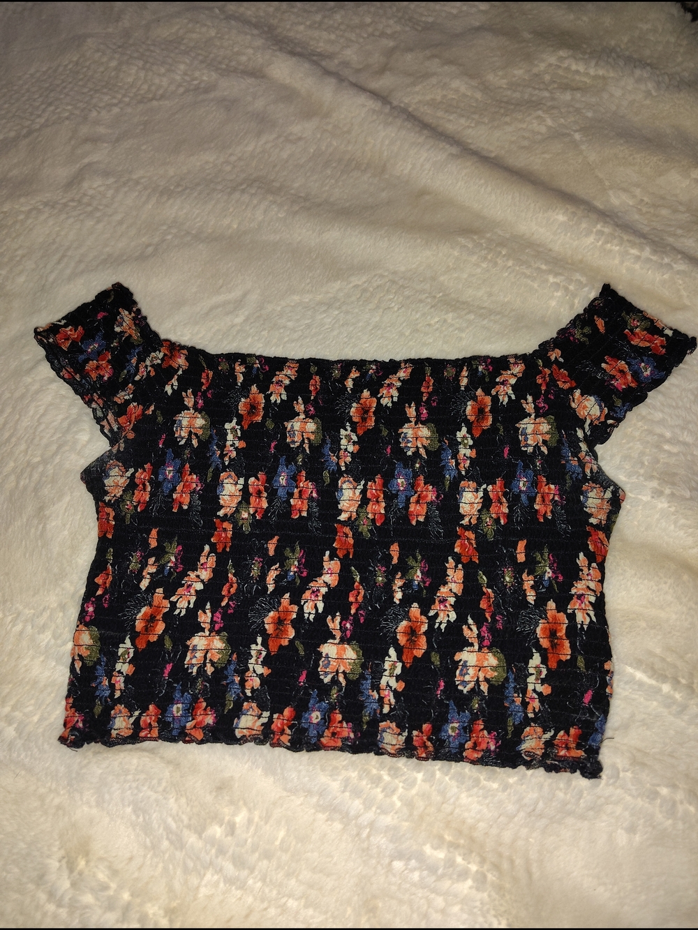 Hollister Black Floral Smocked Off-Shoulder Crop Top